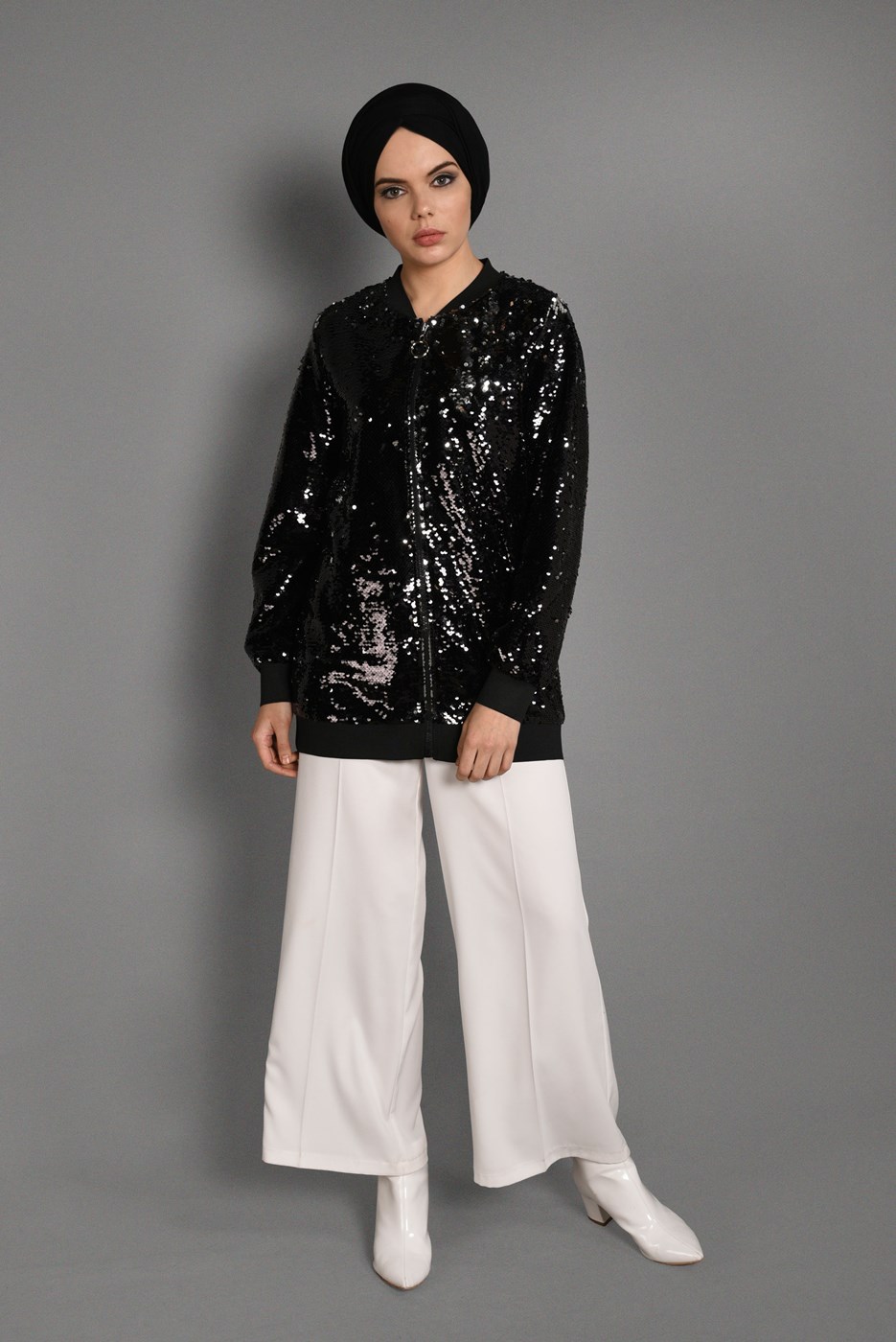 Tesettür giyim SİYAH ÖNDEN FERMUARLI PUL PAYET CEKET T 64681