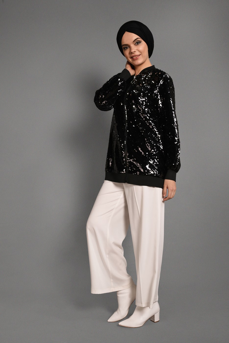 Tesettür giyim SİYAH ÖNDEN FERMUARLI PUL PAYET CEKET T 64681