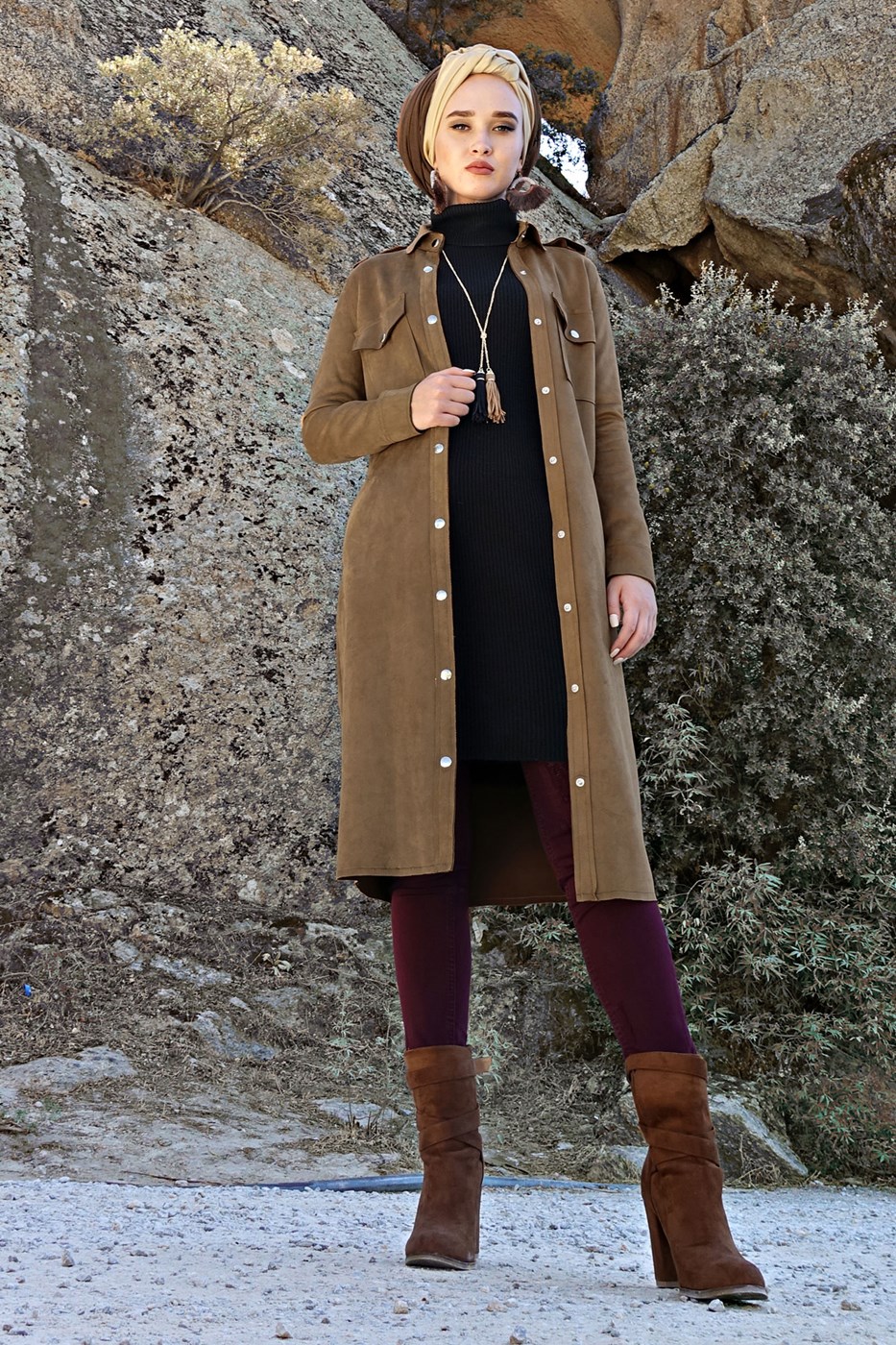 Tesettür giyim KAHVE ÇITÇIT DETAYLI SÜET CEKET 0408 