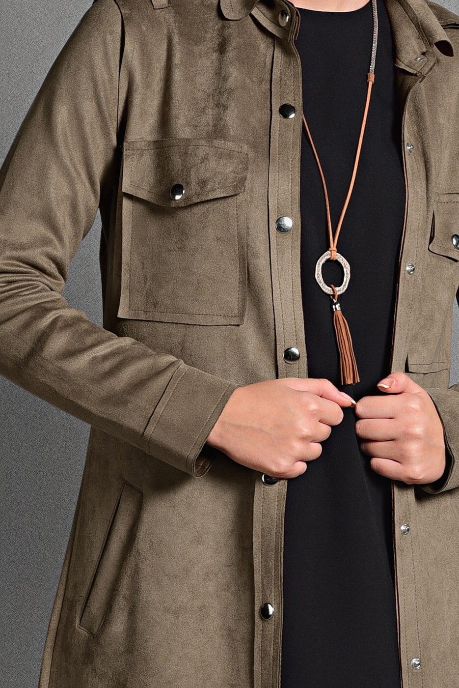 Tesettür giyim BEJ ÇITÇIT DETAYLI SÜET CEKET 0408 