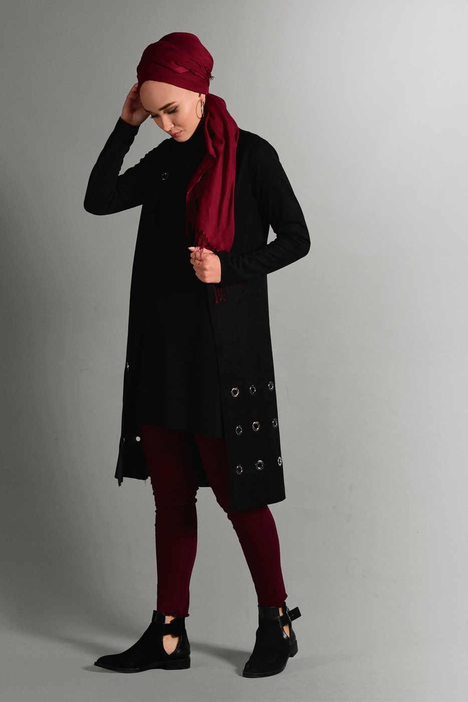 Hijab clothing BLACK GROMMET DETAILED SUEDE JACKET 1418 