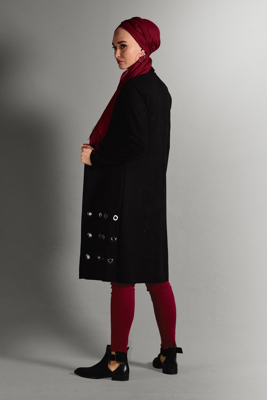 Hijab clothing BLACK GROMMET DETAILED SUEDE JACKET 1418 