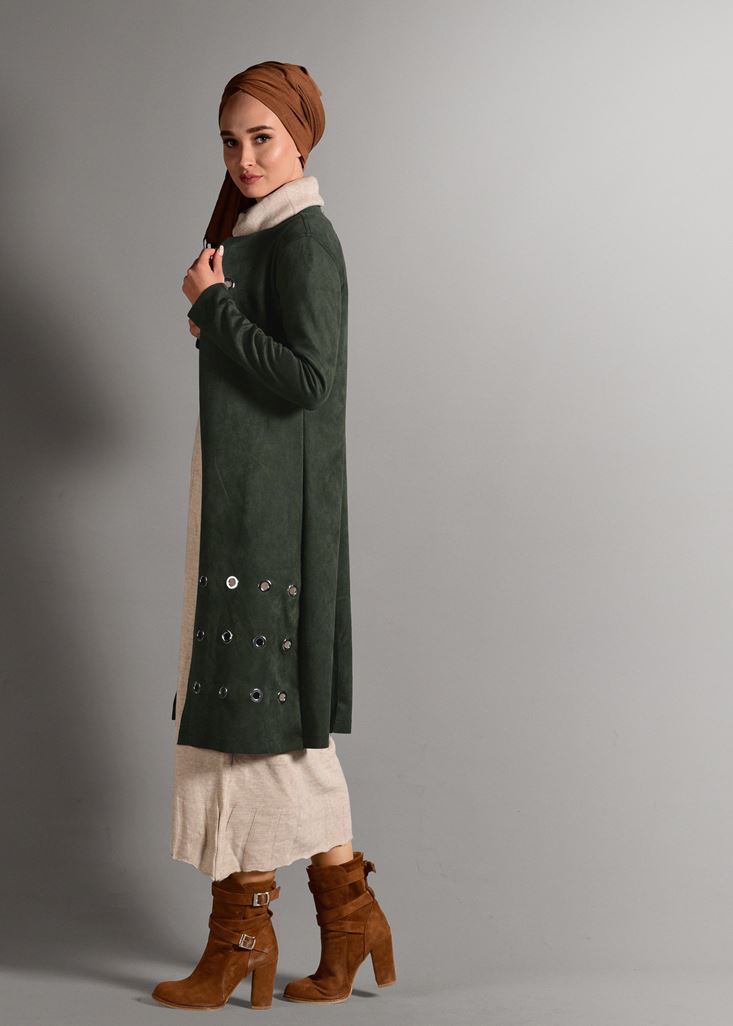 Hijab clothing KHAKI GROMMET DETAILED SUEDE JACKET 1418 