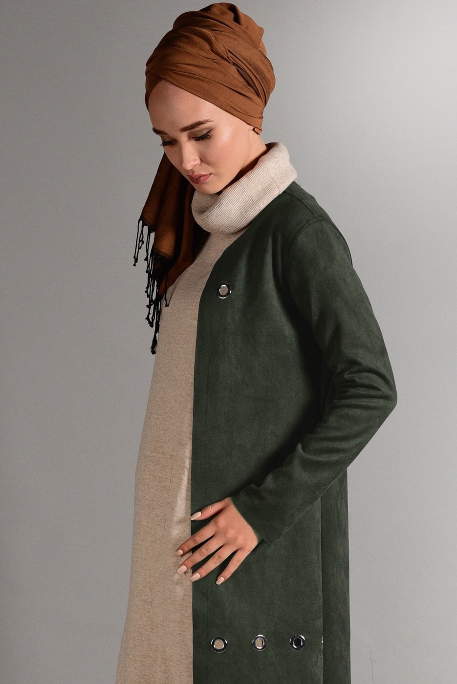 Tesettür giyim HAKİ KUŞGÖZÜ DETAYLI SÜET CEKET 1418