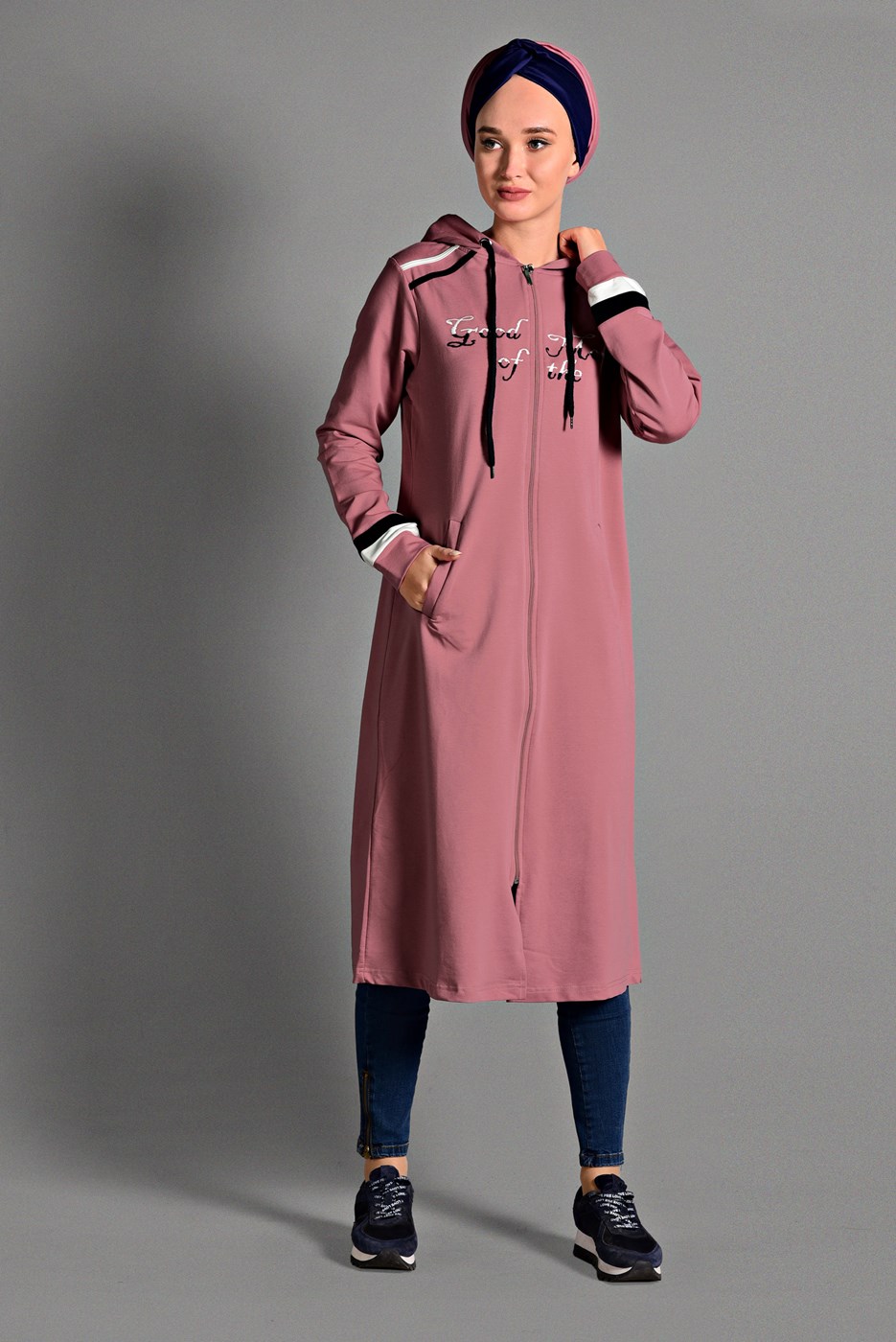 Tesettür giyim PEMBE KAPÜŞONLU SPOR CEKET 2028 