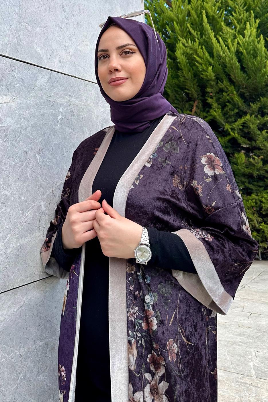 Vêtements hijab POURPRE VESTE EN VELOURS À FLEURS IMPRIMÉES 4785 