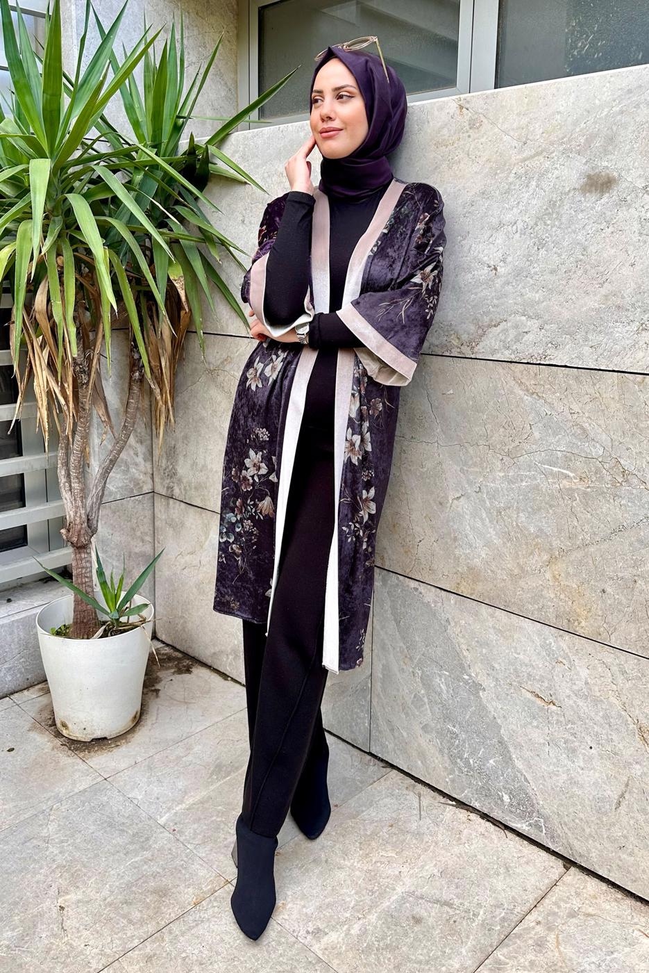 Vêtements hijab POURPRE VESTE EN VELOURS À FLEURS IMPRIMÉES 4785 