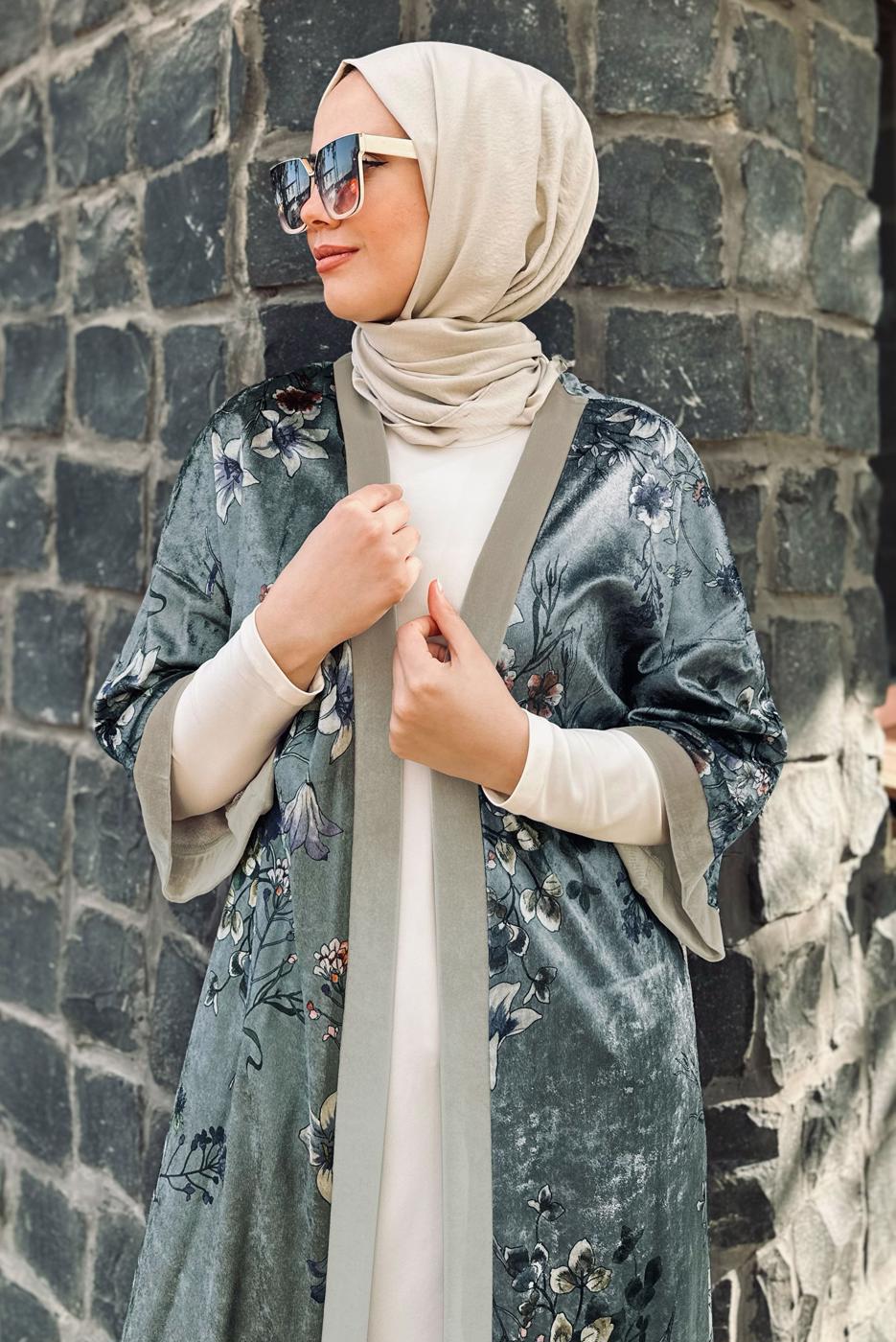 Vêtements hijab GRIS VESTE EN VELOURS À FLEURS IMPRIMÉES 4785 