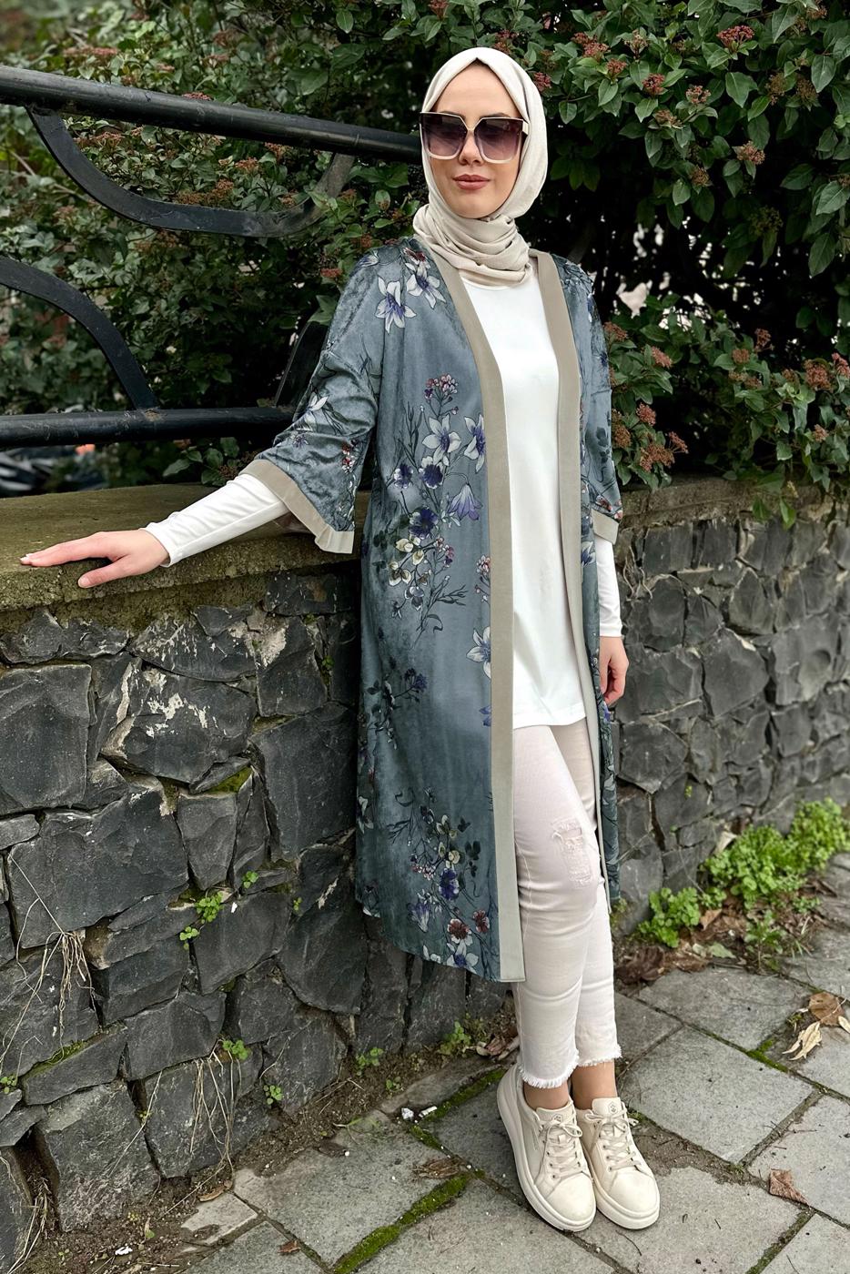 Vêtements hijab GRIS VESTE EN VELOURS À FLEURS IMPRIMÉES 4785 