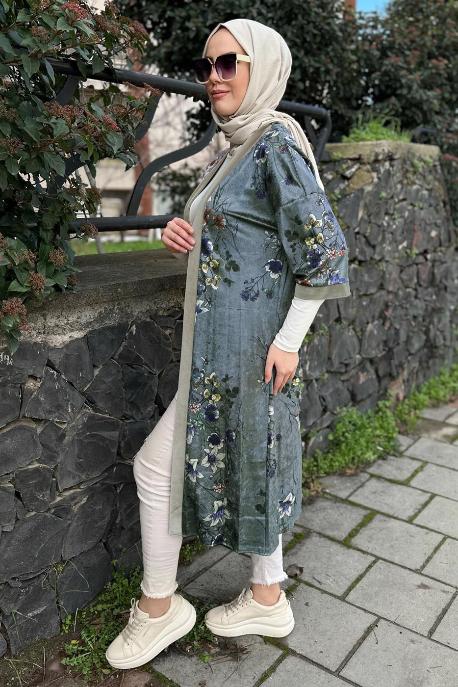 Vêtements hijab GRIS VESTE EN VELOURS À FLEURS IMPRIMÉES 4785 