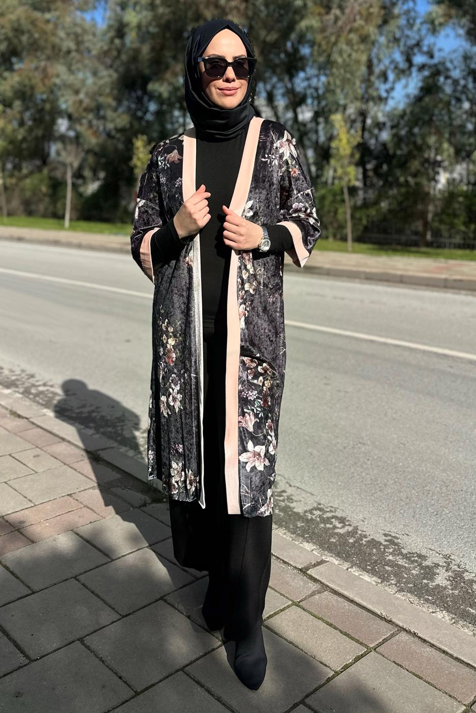 Vêtements hijab POUDRE VESTE EN VELOURS À FLEURS IMPRIMÉES 4785 