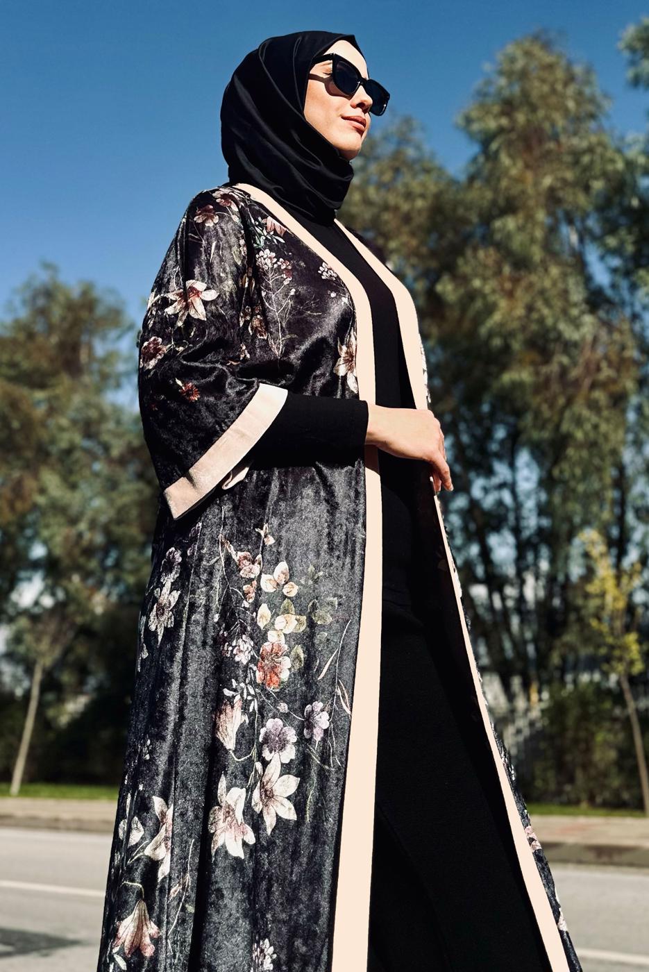 Vêtements hijab POUDRE VESTE EN VELOURS À FLEURS IMPRIMÉES 4785 