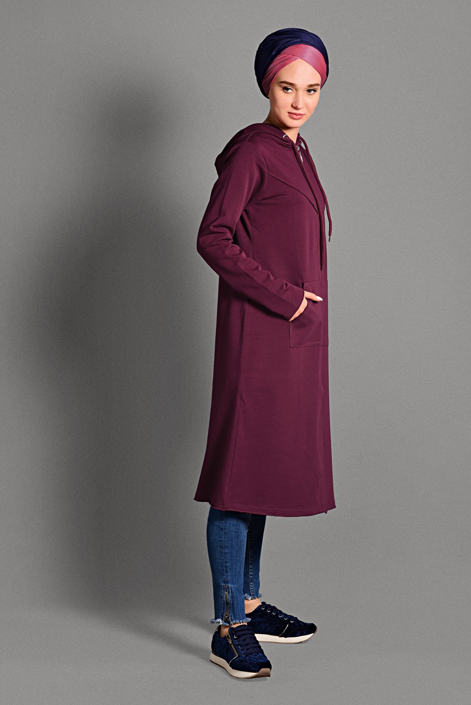 Tesettür giyim BORDO FERMUAR DETAYLI KAPÜŞONLU CEKET 4918 