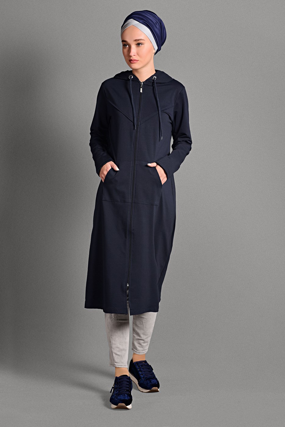 Tesettür giyim LACİVERT FERMUAR DETAYLI KAPÜŞONLU CEKET 4918 