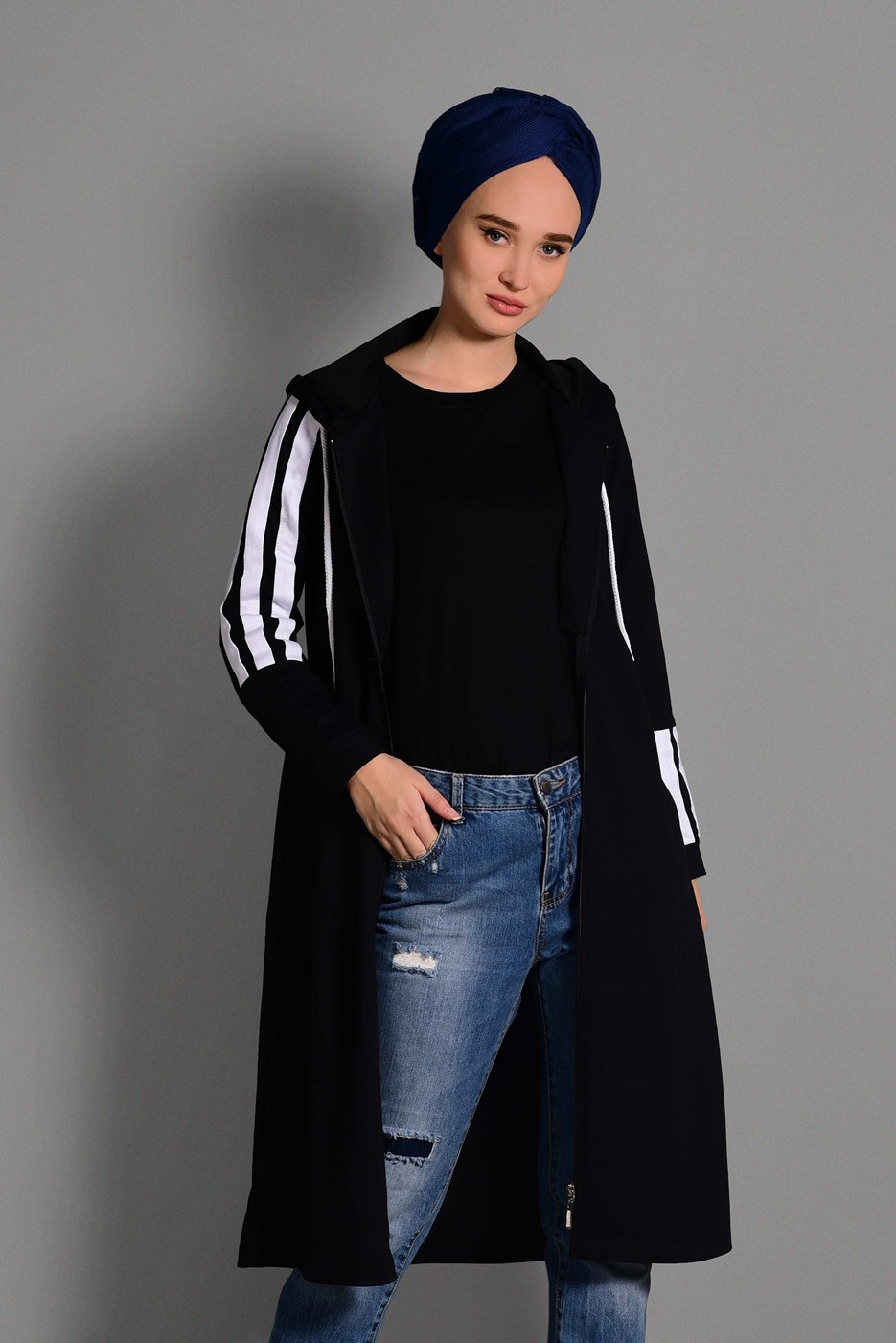 Tesettür giyim SİYAH ÇİZGİ DETAYLI SPOR CEKET 5028 
