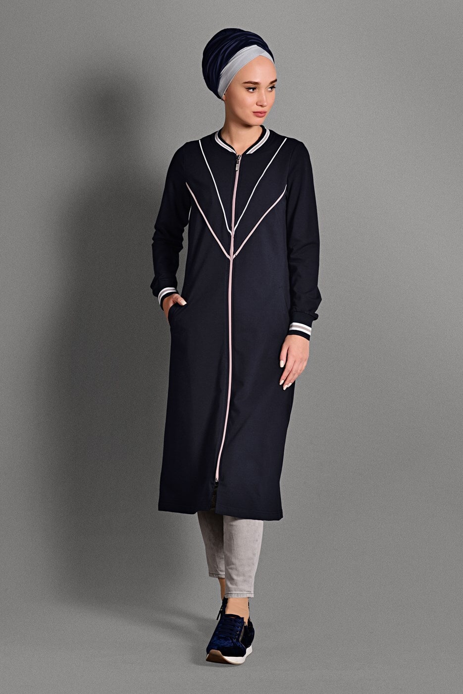 Vêtements hijab BLEU MARINE JAQUETTE ZIPPÉE À RAYURES 6028 