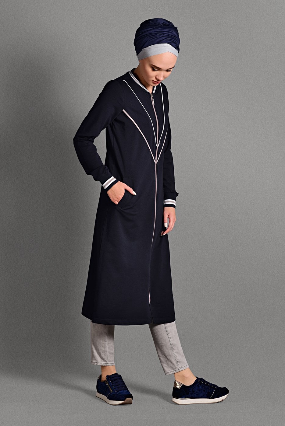 Vêtements hijab BLEU MARINE JAQUETTE ZIPPÉE À RAYURES 6028 