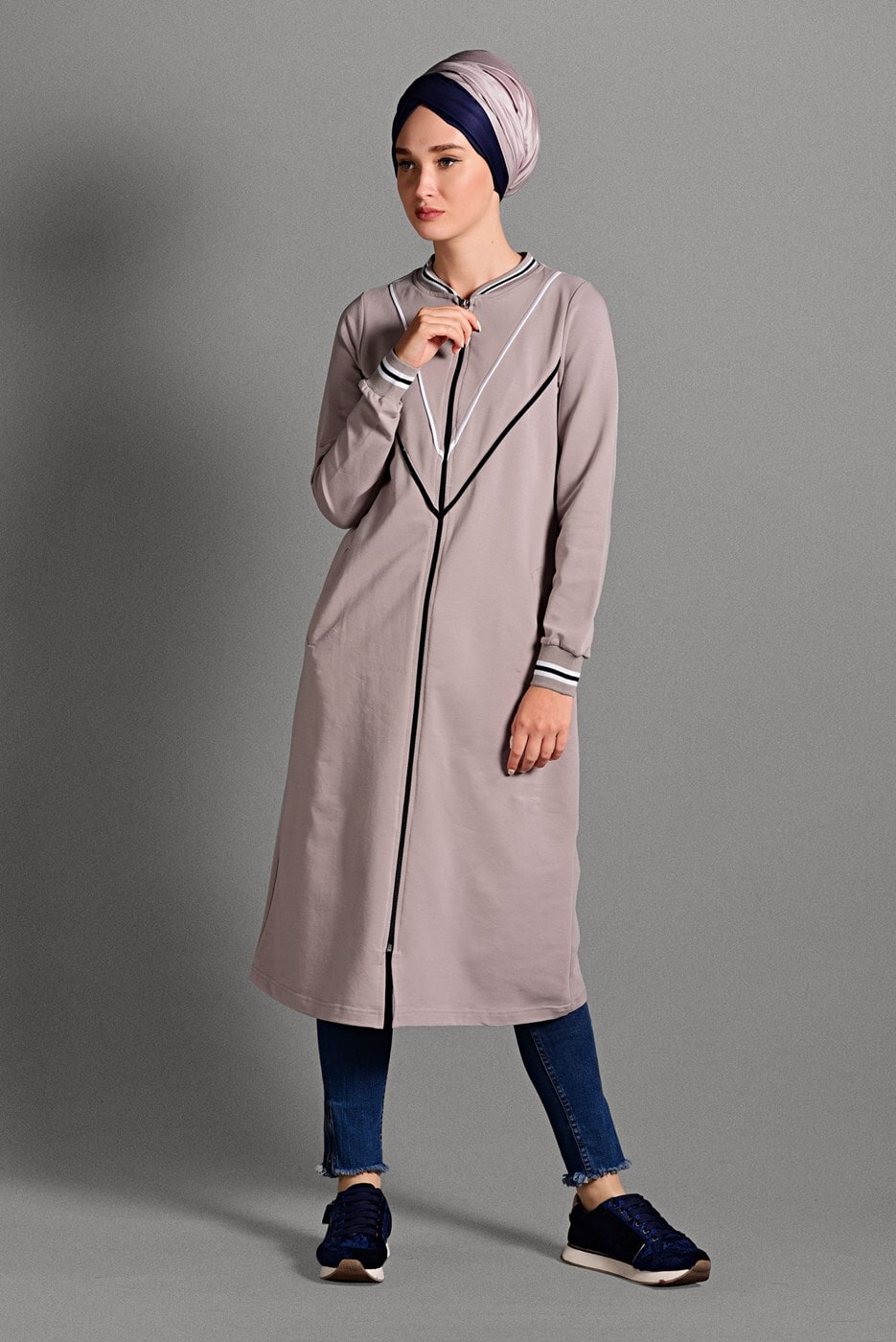 Tesettür giyim MOR ÇİZGİLİ FERMUARLI SPOR CEKET 6028 