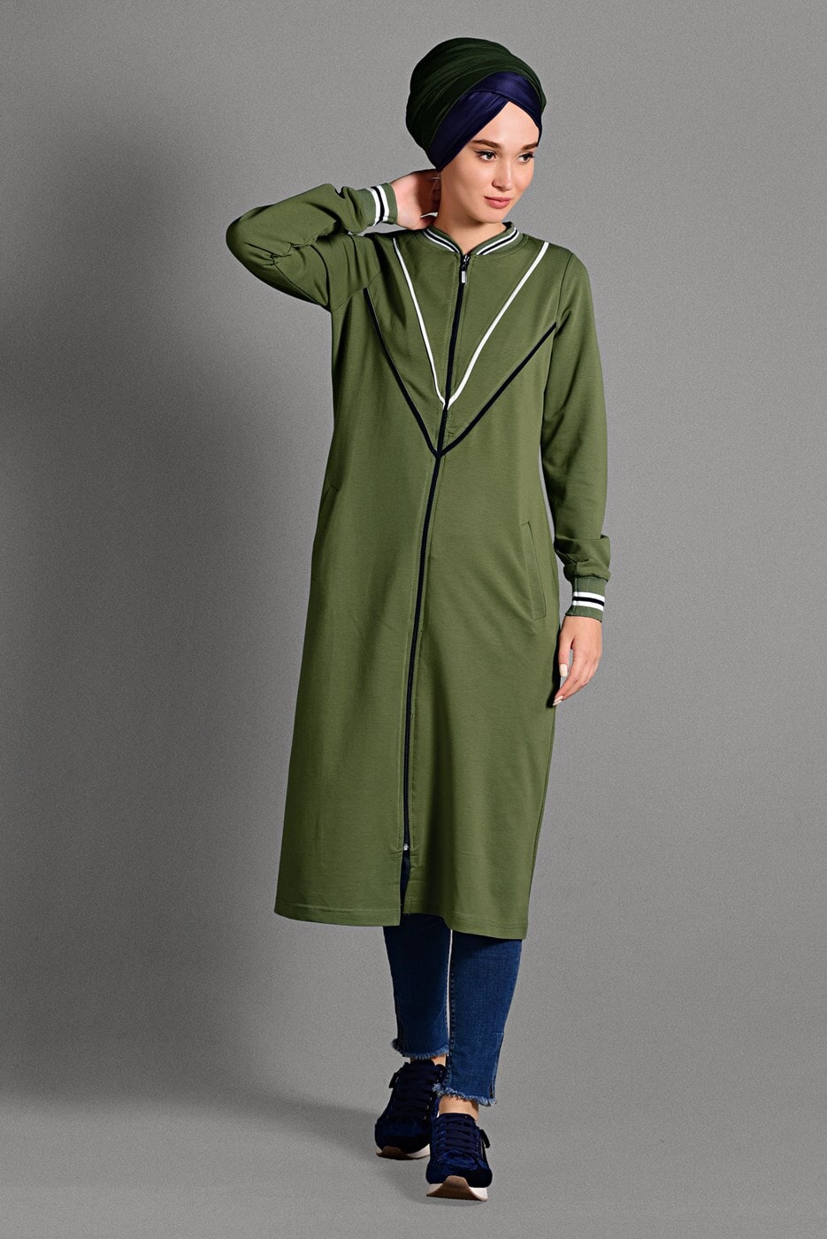 Vêtements hijab VERT JAQUETTE ZIPPÉE À RAYURES 6028 