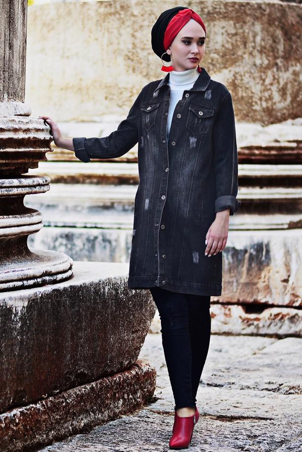 Tesettür giyim  CEP DETAYLI DENİM CEKET 7505 - TRENDTESETTÜR