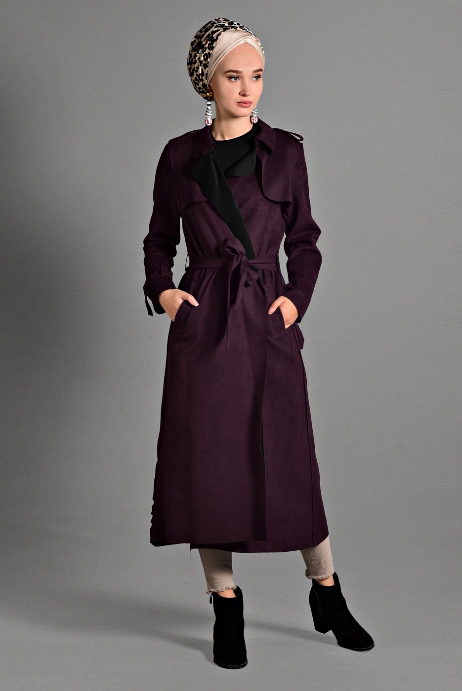 Vêtements hijab ROUGE BORDEAUX VESTE EN DAIM TAILLE-NOUÉ 7832 