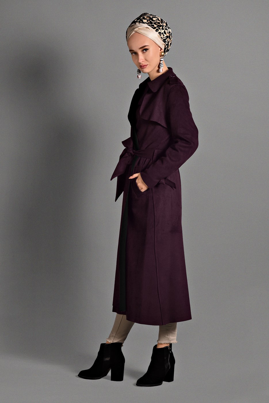 Hijab clothing CLARET RED TIE-WAIST SUEDE JACKET 7832 