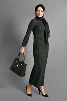 Tesettür giyim HAKİ CEP DETAYLI EKOSE DESENLİ ELBİSE 8793-3 
