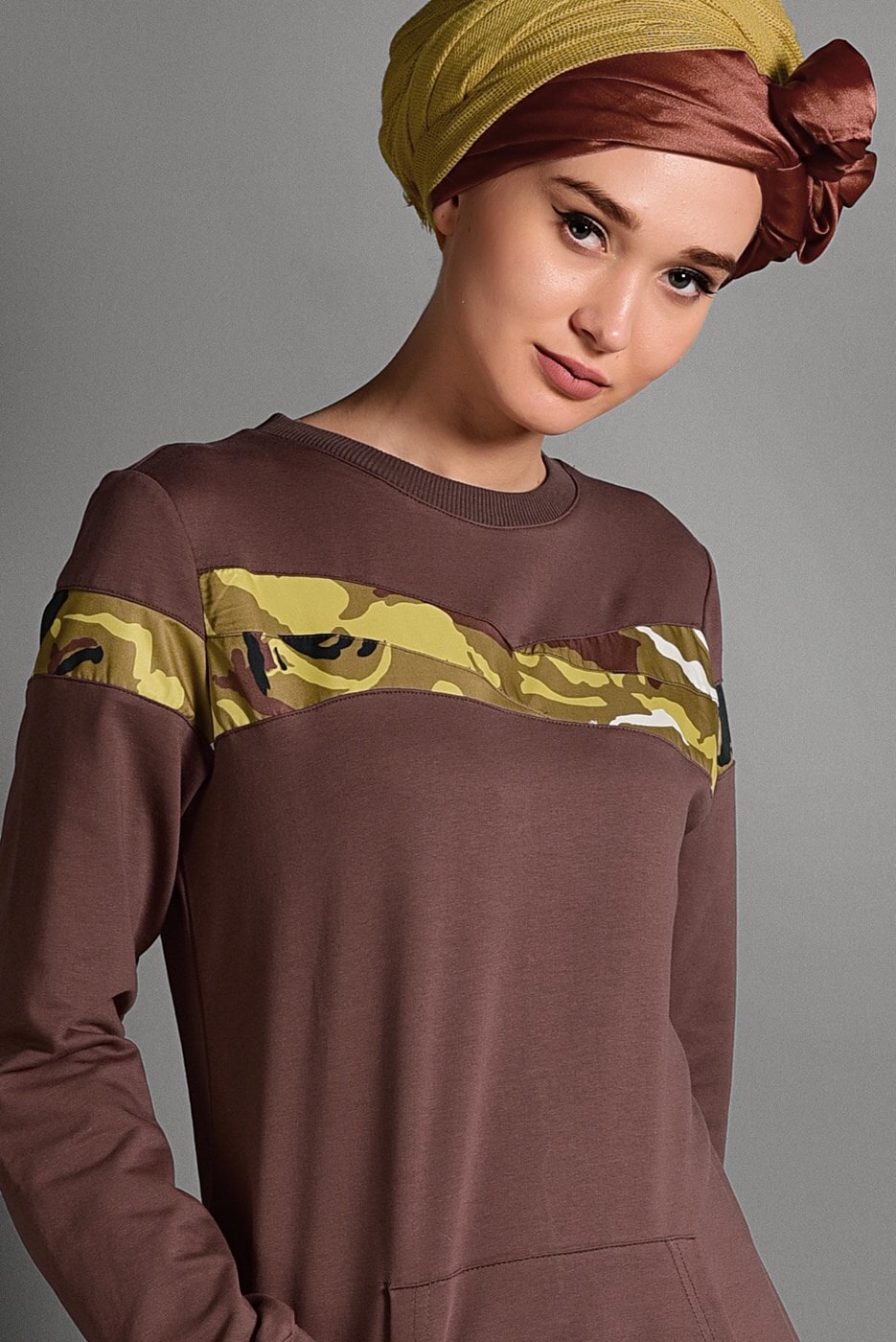 Tesettür giyim KAHVE KAMUFLAJ DESENLİ EŞOFMAN ELBİSE T 2628