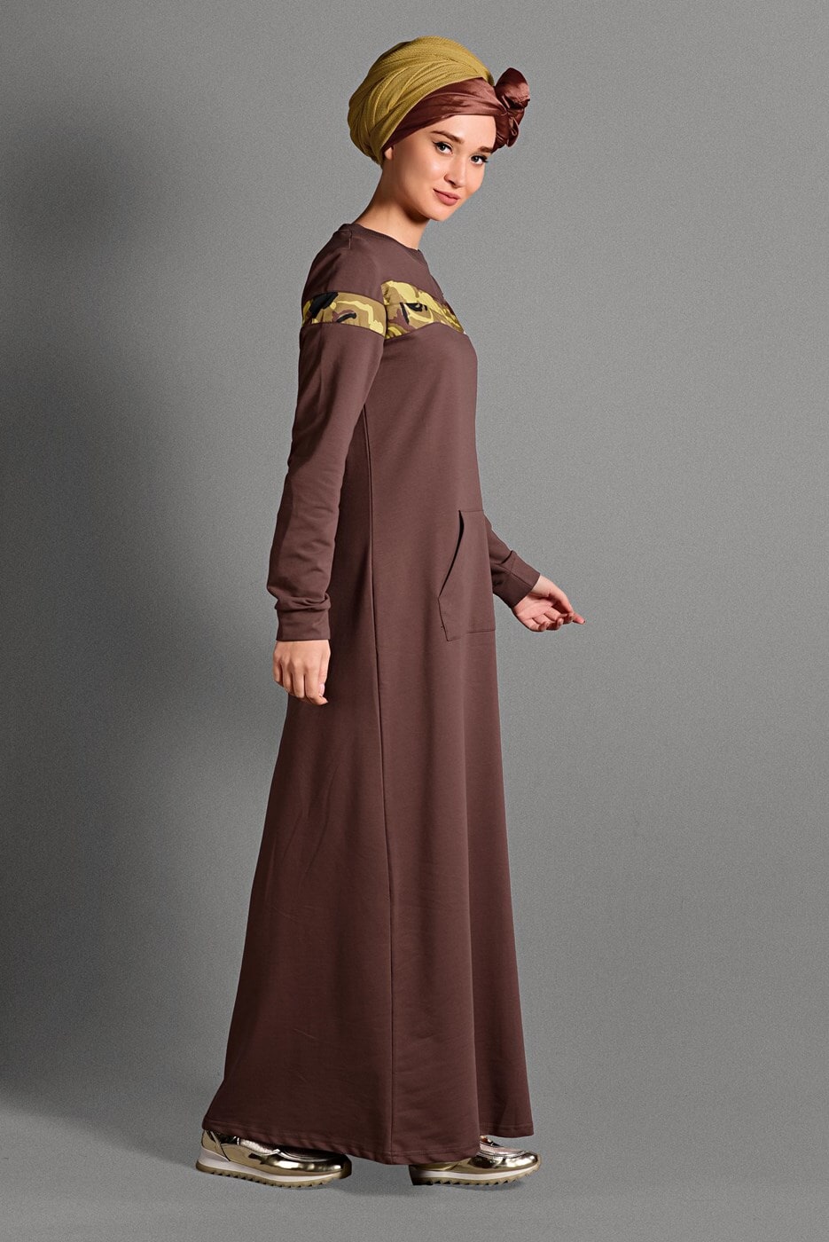 Tesettür giyim KAHVE KAMUFLAJ DESENLİ EŞOFMAN ELBİSE T 2628