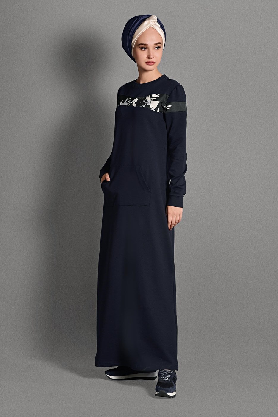 Tesettür giyim LACİVERT KAMUFLAJ DESENLİ EŞOFMAN ELBİSE T 2628