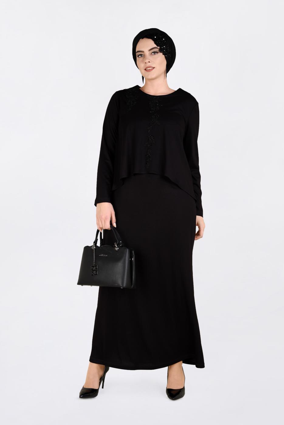 Vêtements hijab NOIR ROBE À BRODÉE À COL ROND 2751