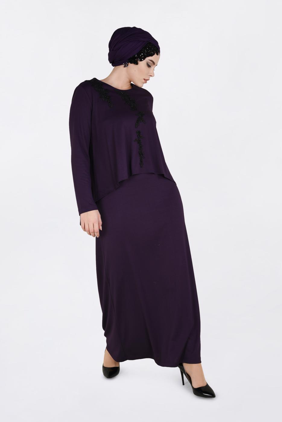 Vêtements hijab POURPRE ROBE À BRODÉE À COL ROND 2751