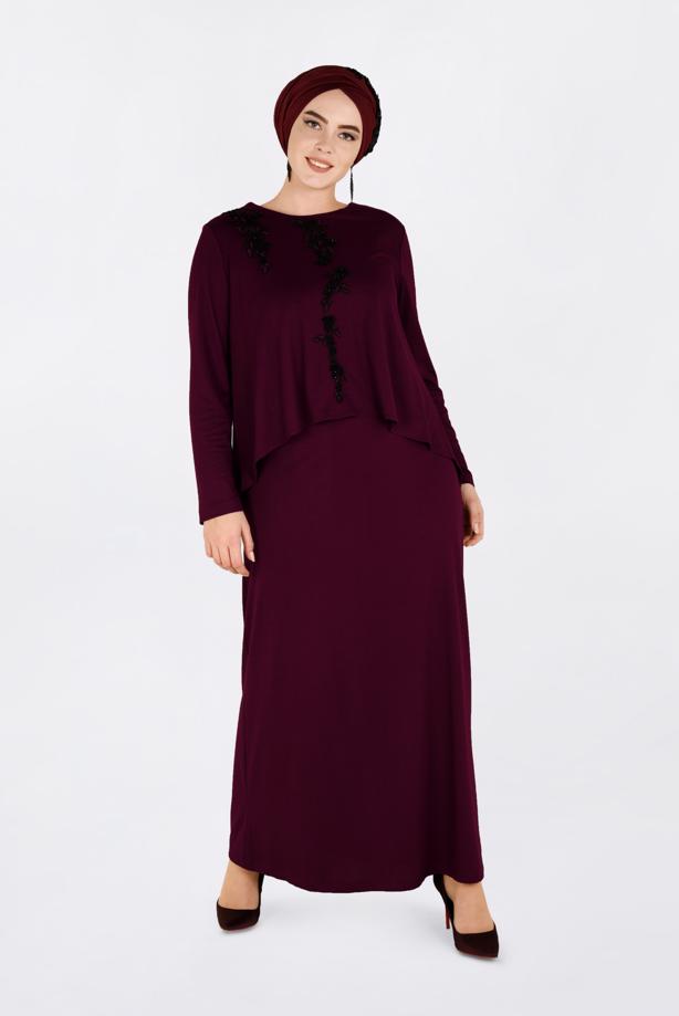 Vêtements hijab ROUGE BORDEAUX ROBE À BRODÉE À COL ROND 2751 - TRENDTESETTÜR