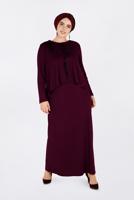 Tesettür giyim BORDO BİSİKLET YAKA NAKIŞ DETAYLI ELBİSE 2751