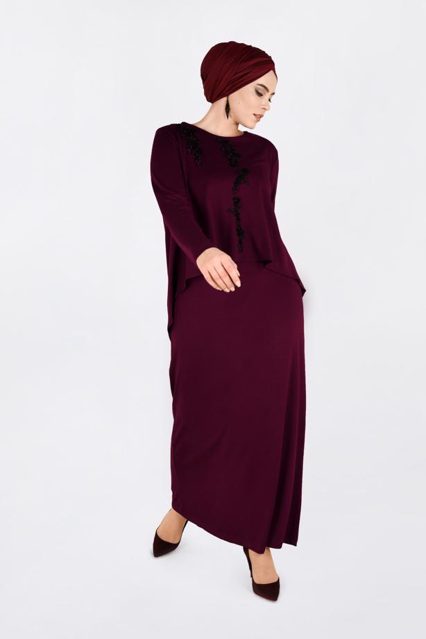 Vêtements hijab ROUGE BORDEAUX ROBE À BRODÉE À COL ROND 2751 - TRENDTESETTÜR