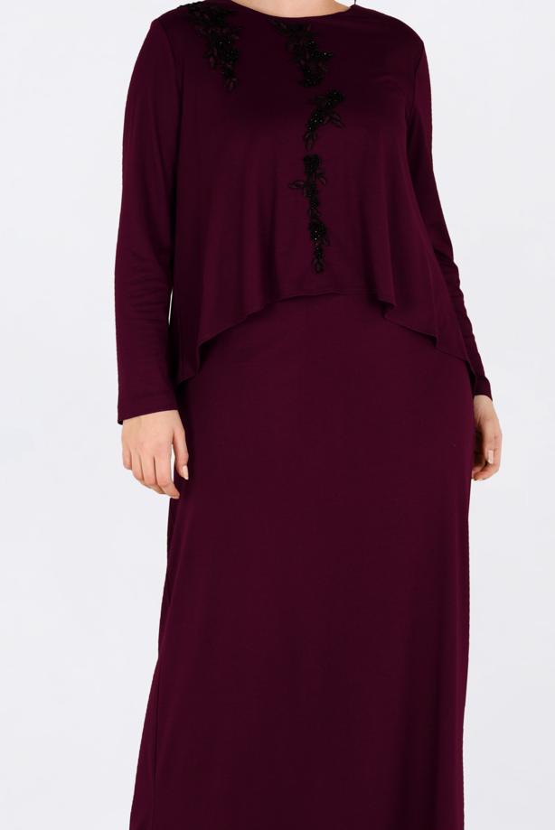 Vêtements hijab ROUGE BORDEAUX ROBE À BRODÉE À COL ROND 2751 - TRENDTESETTÜR