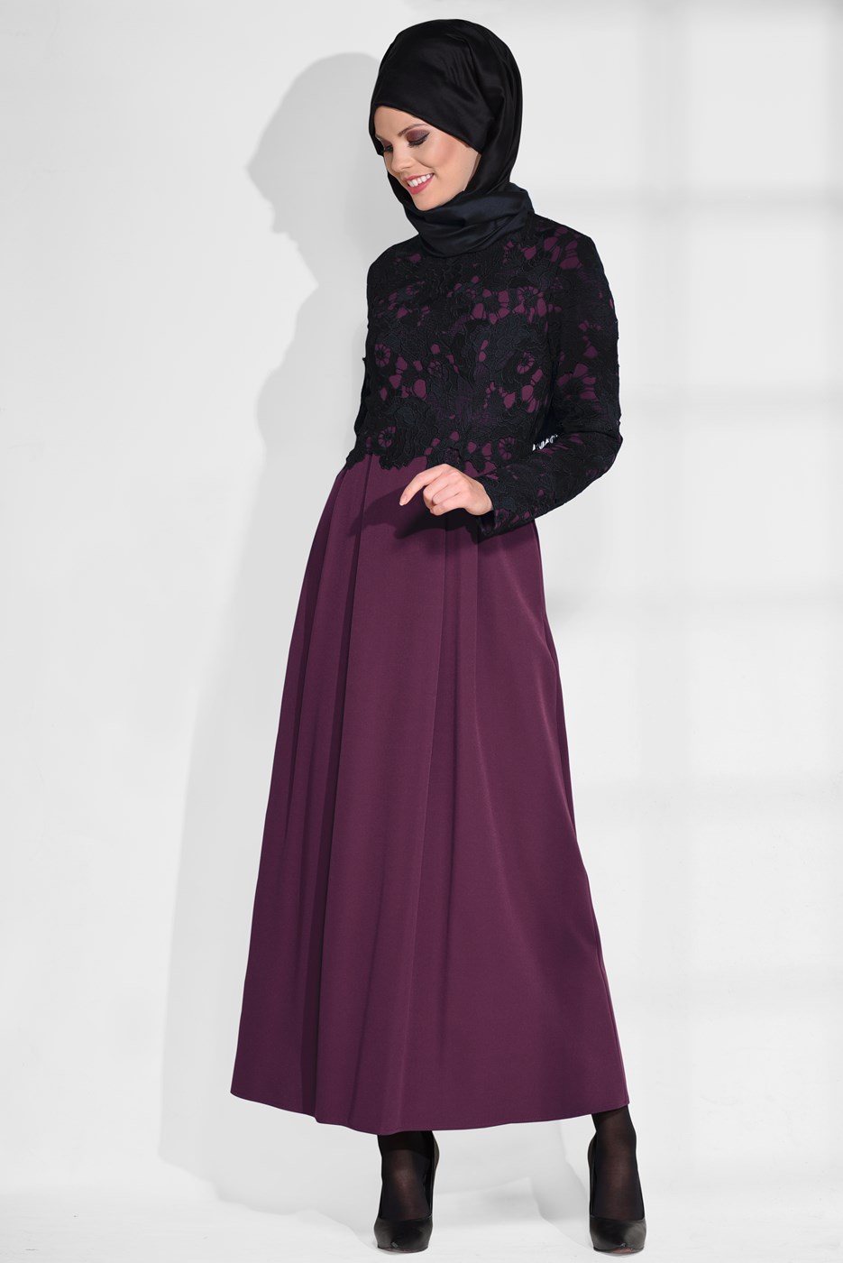 Tesettür giyim BORDO GÜPÜR DETAYLI ELBİSE 4628 