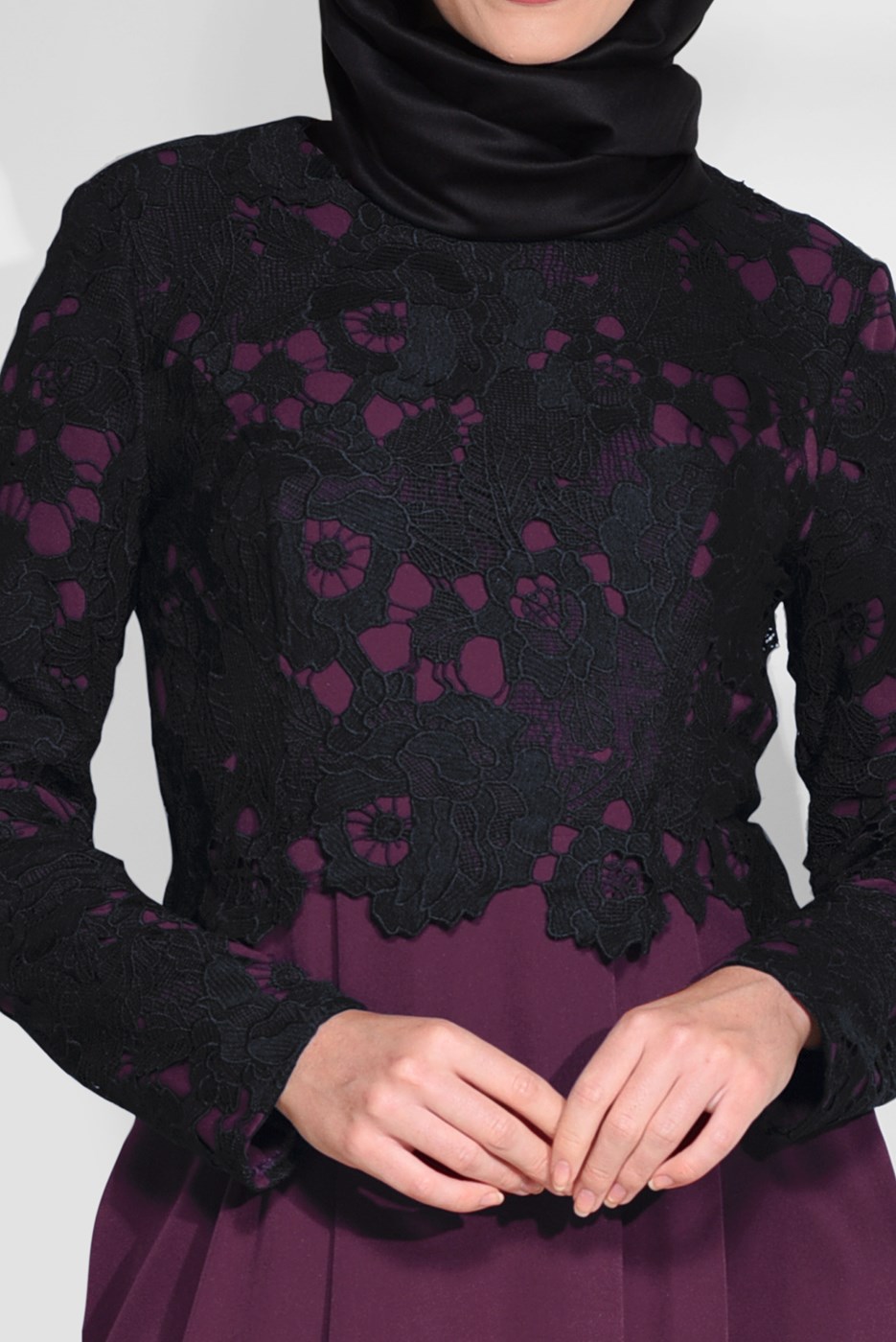 Tesettür giyim BORDO GÜPÜR DETAYLI ELBİSE 4628 