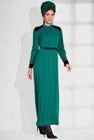 Tesettür giyim YEŞİL KADİFE DETAYLI KENDİN KEMERLİ ELBİSE 4649 