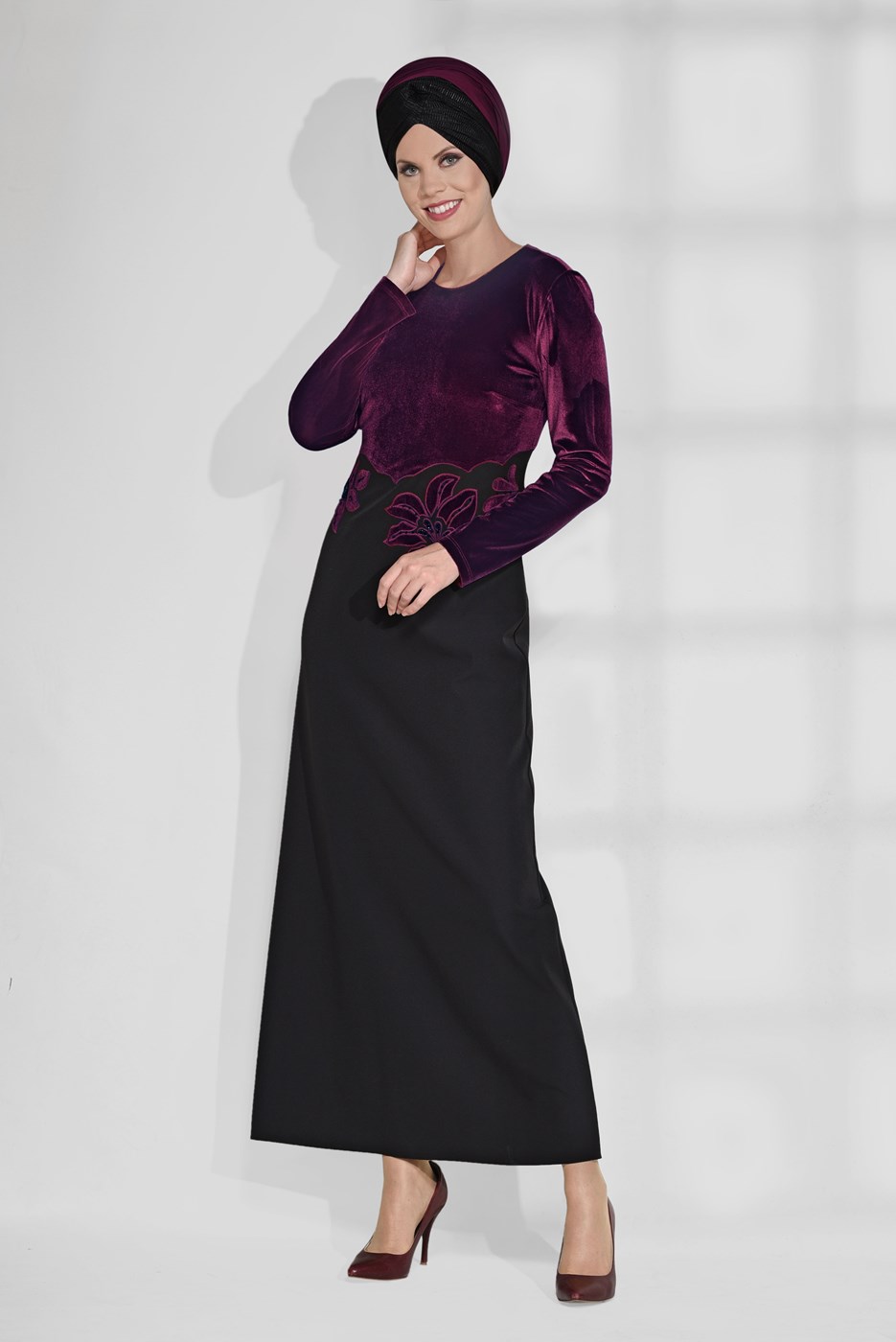 Tesettür giyim BORDO ÇİÇEK DESENLİ ÇİFT RENK ELBİSE 4667