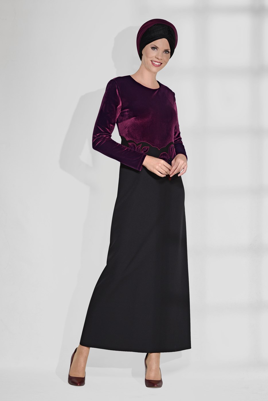 Tesettür giyim BORDO ÇİÇEK DESENLİ ÇİFT RENK ELBİSE 4667