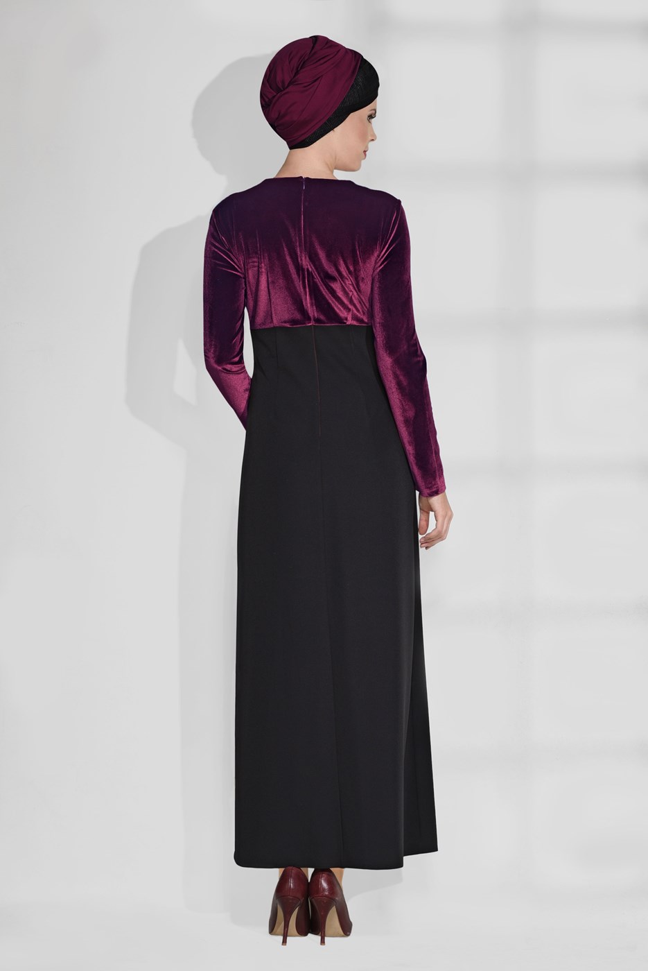 Tesettür giyim BORDO ÇİÇEK DESENLİ ÇİFT RENK ELBİSE 4667