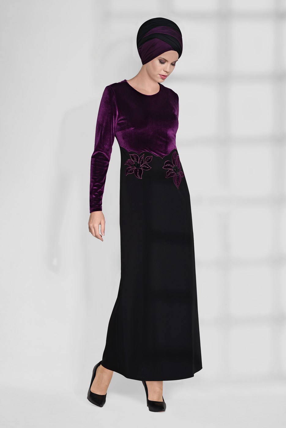 Tesettür giyim MÜRDÜM ÇİÇEK DESENLİ ÇİFT RENK ELBİSE 4667