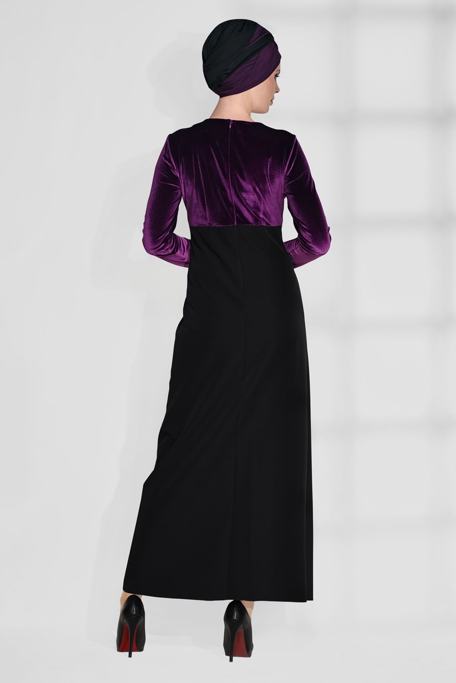 Tesettür giyim MÜRDÜM ÇİÇEK DESENLİ ÇİFT RENK ELBİSE 4667