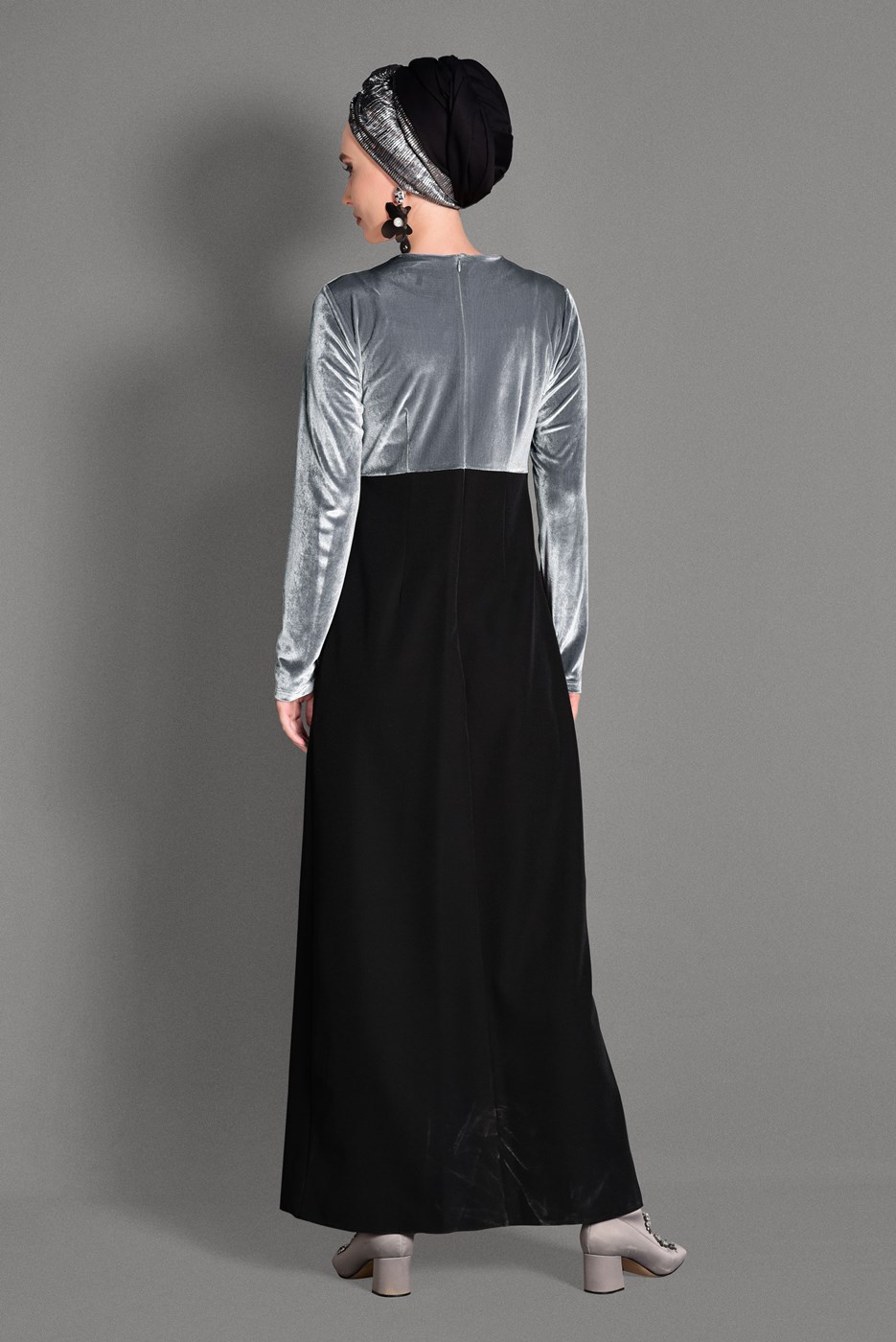 Tesettür giyim GÜMÜŞ ÇİÇEK DESENLİ ÇİFT RENK ELBİSE 4667