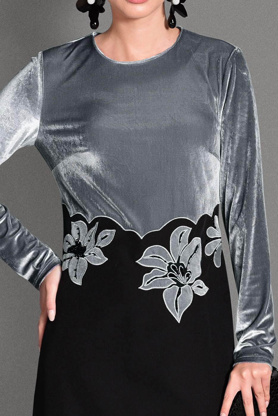 Tesettür giyim GÜMÜŞ ÇİÇEK DESENLİ ÇİFT RENK ELBİSE 4667