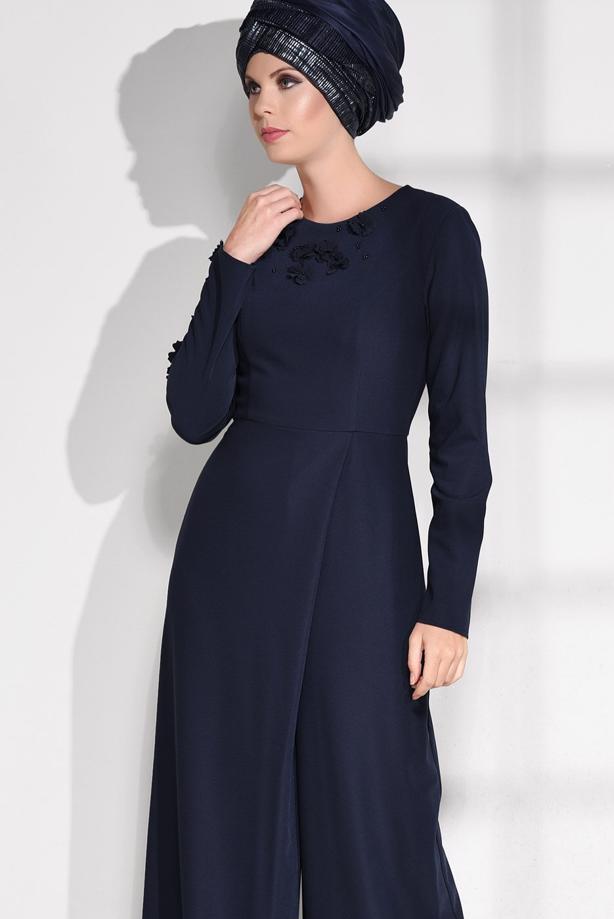 Vêtements hijab BLEU MARINE COMBINAISON À FLEURS BRODÉES 4677  - TRENDTESETTÜR