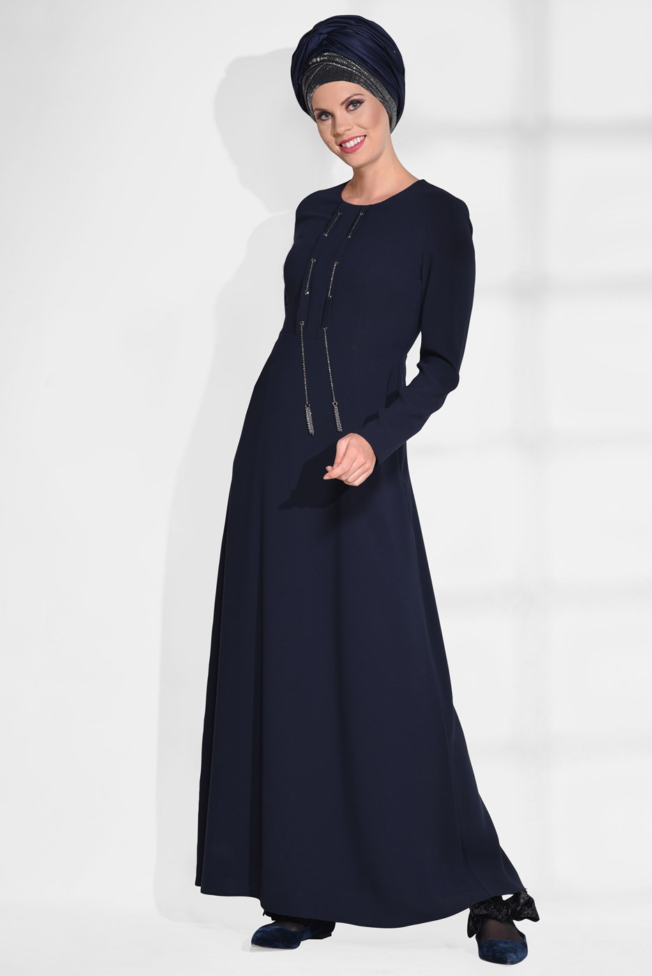 Tesettür giyim LACİVERT BİSİKLET YAKA ELBİSE 4702 