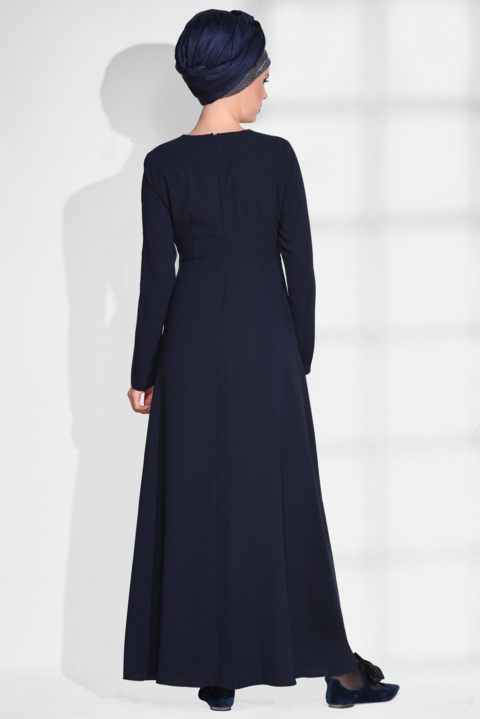 Tesettür giyim LACİVERT BİSİKLET YAKA ELBİSE 4702 