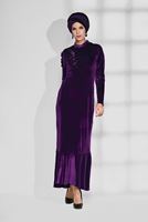 Tesettür giyim MOR GÜPÜR DETAYLI VOLANLI KADİFE ELBİSE 4706 